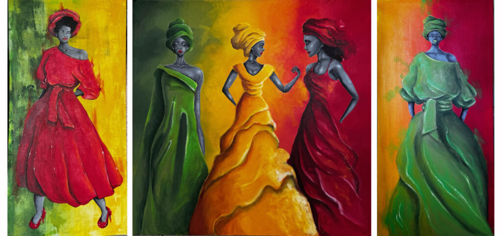 three painting of Grenadian inspired black women, by artist Nathan Downer