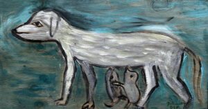 painting of a white mother dog, with her puppies suckling her teets, by Grenadian artist Doliver Morain