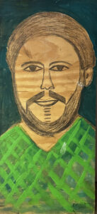 Painting with pencil and paint on wood of Maurice Bishop by Grenadian artist Doliver Morain